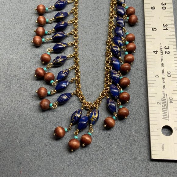 BoHo Multicolor Bead Necklace 32 In Gold Chain Wooden Brown Royal Blue Turquoise - Picture 6 of 9